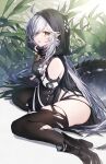 1girl ahoge arknights bangs bare_shoulders black_footwear black_legwear boots commentary coyucom high_heel_boots high_heels highres hood long_hair looking_at_viewer parted_lips pointy_ears silver_hair sitting solo tail thigh-highs thighs tomimi_(arknights) yellow_eyes