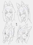  1girl animal_ear_fluff animal_ears bangs between_fingers commentary_request eyebrows_visible_through_hair folded_ponytail fox_ears greyscale hair_between_eyes hand_up highres japanese_clothes kimono kuro_kosyou long_hair long_sleeves looking_at_viewer monochrome multiple_views original shikigami short_eyebrows sidelocks sketch thick_eyebrows wide_sleeves 