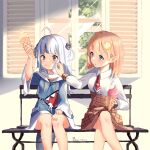  2girls :o ahoge bandaid bandaid_on_knee bangs bench blonde_hair blue_hair blush breasts collared_shirt crossed_legs english_commentary food food_on_face gawr_gura hair_behind_ear hair_ornament hand_on_own_thigh high-waist_skirt highres holding holding_food hololive hololive_english ice_cream ice_cream_cone kuri_(animejpholic) monocle_hair_ornament multicolored_hair multiple_girls open_mouth plaid plaid_skirt shirt shirt_tucked_in silver_hair sitting skirt small_breasts streaked_hair tongue tongue_out twitter_username two_side_up v-shaped_eyebrows virtual_youtuber watson_amelia white_shirt window wiping_face 