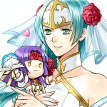  2girls artist_request bare_shoulders bouquet bridal_veil bride chibi dress earrings fire_emblem fire_emblem:_path_of_radiance fire_emblem_heroes flower green_eyes green_hair hair_flower hair_ornament headband heart hug jewelry multiple_girls pegasus_knight purple_hair robe rose sanaki_kirsch_altina sigrun_(fire_emblem) source_request strapless strapless_dress veil wedding wedding_dress white_dress yellow_eyes 