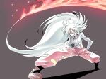  1girl breasts fire fujiwara_no_mokou highres long_hair looking_at_viewer open_mouth pants red_eyes simple_background smile solo suspenders touhou tukiwani very_long_hair white_hair 