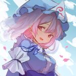  1girl :d breasts clouds hat looking_at_viewer medium_breasts mob_cap open_mouth outdoors petals pink_eyes pink_hair saigyouji_yuyuko sky smile solarisu solo touhou triangular_headpiece upper_body 