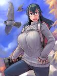 1girl akiyama-san_no_tori_life backpack bag bird blue_eyes blush breasts camera commentary_request fang glasses grey_sweater hand_on_hip hawk highres large_breasts looking_at_viewer pants ribbed_sweater sketch skin_fang sleeves_past_wrists solo sweater translation_request tsuda_nanafushi turtleneck turtleneck_sweater 