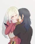  2girls absurdres bangs biting black_shirt blush breasts byleth_(fire_emblem) byleth_eisner_(female) collared_dress commentary_request couple dark_blue_hair dress edelgard_von_hresvelg embarrassed eyebrows_visible_through_hair finger_biting fire_emblem fire_emblem:_three_houses from_behind highres hug licking long_hair multiple_girls neck_licking one_eye_closed open_mouth puffy_short_sleeves puffy_sleeves red_dress riromomo shirt short_sleeves side_ponytail sidelocks simple_background upper_body violet_eyes white_background white_hair yuri 