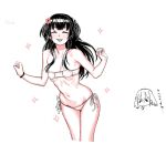  1girl :d anger_vein bikini black_hair blush blush_stickers breasts chibi chibi_inset eyepatch_bikini facing_viewer gishu hands_up idolmaster idolmaster_cinderella_girls idolmaster_shiny_colors mayuzumi_fuyuko medium_breasts navel nose_blush open_mouth side-tie_bikini smile solo standing swimsuit two_side_up wristband 