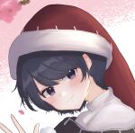  1girl bangs blue_eyes blue_hair blush closed_mouth commentary_request doremy_sweet eyebrows_visible_through_hair face flower hand_up hat head_tilt highres looking_at_viewer nightcap pink_flower pipita red_headwear simple_background smile solo swept_bangs touhou waving 