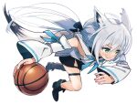  1girl ahoge animal_ear_fluff animal_ears basketball black_shorts commentary detached_sleeves eyebrows_visible_through_hair fox_ears fox_girl fox_tail green_eyes hair_between_eyes hair_ribbon highres hololive hood hoodie long_hair ribbon running sakino_shingetsu shirakami_fubuki shorts simple_background single_thighhigh solo tail thigh-highs thigh_strap white_background white_hair white_hoodie 