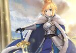  &gt;:( 1girl ahoge armor armored_dress artoria_pendragon_(all) bangs blonde_hair blue_cape blue_dress braid braided_bun breastplate cape capelet cowboy_shot determined dress dutch_angle excalibur_(fate/stay_night) fate/grand_order fate_(series) faulds fur-trimmed_capelet fur_trim gauntlets green_eyes half_updo highres holding holding_sword holding_weapon looking_at_viewer saber sidelocks solo sword tsurupy vambraces weapon 