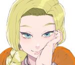  1girl bianca_(dq5) blonde_hair blue_eyes braid close-up closed_mouth dragon_quest dragon_quest_v earrings hair_over_shoulder head_rest highres jewelry long_hair looking_at_viewer peiroke ring side_braid simple_background smile solo wedding_band white_background 