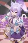  1girl ahoge alternate_costume animal_ears blue_bow bow cat_ears cat_tail commentary dress eyebrows_visible_through_hair fang feet_out_of_frame gloves hair_between_eyes hair_ornament highres hololive idol looking_at_viewer nekomata_okayu onigiri_hair_ornament purple_hair ruka_tou short_hair skin_fang smile solo tail violet_eyes virtual_youtuber white_dress white_gloves wrist_cuffs 