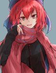  1girl :d bangs black_shirt blue_bow bow breasts cape closed_mouth commentary_request fang grey_background hair_between_eyes hair_bow hand_up highres krs_(kqrqsi) long_sleeves looking_at_viewer open_mouth red_cape red_eyes redhead sekibanki shirt short_hair simple_background sleeves_past_wrists small_breasts smile solo touhou upper_body 