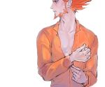  1boy adjusting_sleeves buttons collared_shirt commentary_request facial_hair long_sleeves looking_to_the_side lysandre_(pokemon) male_focus orange_hair orange_shirt p-40_(tukinosita-de) pokemon pokemon_(game) pokemon_xy shirt sketch solo spiky_hair team_flare upper_body 