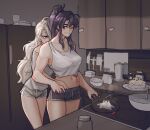  2girls bangs bare_arms bare_shoulders black_hair black_shorts breasts collarbone commentary commission cooking crop_top food frying_pan grey_hair grey_shirt hands_on_another&#039;s_hips high_ponytail highres indoors kitchen knife large_breasts long_hair looking_at_another midriff multiple_girls navel original pink_eyes ponytail popopoka shirt short_shorts shorts smile standing violet_eyes white_shirt yuri 