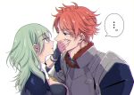  ... 1boy 1girl arm_up armor bangs blue_eyes blue_hair breastplate breasts buttons byleth_(fire_emblem) byleth_eisner_(female) chromatic_aberration collar commentary_request couple eye_contact eyebrows_visible_through_hair face-to-face fire_emblem fire_emblem:_three_houses from_side fudou_(kakko_kari) fur-trimmed_collar fur_trim hair_between_eyes hand_on_another&#039;s_mouth hetero long_hair looking_at_another orange_hair parted_lips short_hair shoulder_armor sidelocks sylvain_jose_gautier upper_body wavy_hair white_collar 