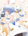  1girl animal_ear_fluff animal_ears back backless_coat bangs bare_back bare_shoulders black_gloves black_legwear blue_hair blush braid bunny-shaped_pupils bunny_tail carrot_hair_ornament coat creature detached_sleeves don-chan_(usada_pekora) embarrassed finger_to_cheek food_themed_hair_ornament full_body fur-trimmed_coat fur-trimmed_gloves fur_scarf fur_trim gloves hair_between_eyes hair_ornament highres hikimayu hololive kokko361 leaning_forward long_hair looking_at_viewer looking_back multicolored_hair nousagi_(usada_pekora) pantyhose parted_lips puffy_short_sleeves puffy_sleeves rabbit_ears rabbit_girl red_eyes scarf short_eyebrows short_sleeves shoulder_blades solo strapless_coat tail twin_braids twintails two-tone_hair usada_pekora virtual_youtuber white_coat white_hair white_scarf white_sleeves 