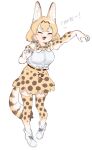  &gt;_&lt; 1girl :3 animal_ears bare_shoulders blonde_hair boots bow bowtie claw_pose elbow_gloves extra_ears fang full_body gloves high-waist_skirt highres kemono_friends kona_ming open_mouth print_gloves print_legwear print_neckwear print_skirt serval_(kemono_friends) serval_ears serval_girl serval_print serval_tail shirt short_hair skirt sleeveless solo tail thigh-highs translated white_footwear white_shirt zettai_ryouiki 