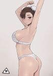  1girl armpits arms_up ass bra breasts brown_hair bun_cover chun-li closed_mouth commentary cowboy_shot donburi_(donburikazoku) double_bun from_side grey_background highres large_breasts looking_at_viewer panties simple_background solo standing street_fighter twisted_torso underwear underwear_only white_bra white_panties 