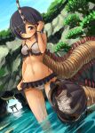  159cm 1girl arch ass_visible_through_thighs bead_bracelet beads bikini black_hair blue_sky bobbit_worm bracelet closed_mouth day dutch_angle hair_tucking hand_up horns isome_meme_(159cm) jewelry looking_at_viewer medium_hair navel original outdoors prehensile_tail single_horn sky smile solo striped striped_horns swimsuit tail torii veins vertical-striped_bikini vertical_stripes violet_eyes wading wet 
