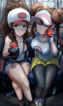  2girls bare_legs baseball_cap blue_eyes brown_hair denim denim_shorts double_bun hat highres hilda_(pokemon) ippers looking_at_viewer multiple_girls pantyhose poke_ball poke_ball_(basic) poke_ball_symbol pokemon pokemon_(game) pokemon_bw pokemon_bw2 ponytail rosa_(pokemon) short_shorts shorts sitting train_interior twintails visor_cap yellow_shorts 