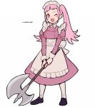  1girl artist_name axe do_m_kaeru fire_emblem fire_emblem:_three_houses full_body hilda_valentine_goneril holding holding_axe long_hair long_sleeves maid maid_headdress one_eye_closed open_mouth pink_eyes pink_hair simple_background solo twintails white_background white_legwear 