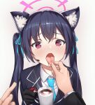  1girl absurdres animal_ear_fluff animal_ears bangs black_gloves blazer blue_archive blue_neckwear blush bow cat_ears cat_girl collared_shirt cup erubesuto eyebrows_visible_through_hair fang gloves hair_bow halo hand_up highres holding holding_cup jacket long_hair long_sleeves looking_at_viewer mug necktie open_mouth purple_hair serika_(blue_archive) shirt sidelocks skin_fang solo_focus tears tongue tongue_out twintails upper_body violet_eyes white_background white_shirt 