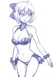  1girl ahoge bikini bikini_skirt blush bow breasts cowboy_shot fate_(series) gishu hair_bow koha-ace large_breasts monochrome navel okita_souji_(fate) okita_souji_(fate)_(all) purple_theme scrunchie short_hair simple_background solo standing sweat swimsuit white_background wrist_scrunchie 