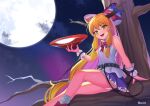  1girl :d artist_name belt bow bowtie chain clouds cup eyebrows_visible_through_hair fang feet_out_of_frame full_moon hair_bow highres horn_ornament horn_ribbon horns ibuki_suika in_tree long_hair looking_at_viewer low-tied_long_hair moon night night_sky open_mouth orange_eyes orange_hair panties purple_skirt recare red_neckwear ribbon sakazuki shirt shoe_bow shoes sidelocks sitting sitting_in_tree skirt sky sleeveless sleeveless_shirt smile socks solo touhou tree tree_branch underwear very_long_hair white_panties white_shirt wrist_cuffs 