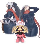  2girls abs ass beanie bodysuit boots chibi covered_navel female_protagonist_(pokemon_legends:_arceus) guido_(sucurapu) hand_over_face hat head_scarf highres looking_at_viewer multiple_girls multiple_views outstretched_arms pink_footwear pink_skirt pokemon pokemon_(game) pokemon_bdsp pokemon_legends:_arceus red_scarf scarf simple_background skirt smile steaming_body toned undressing white_headwear 