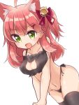  ahoge alternate_costume animal_ear_fluff animal_ears bell black_legwear cat_day cat_ears cat_lingerie cleavage_cutout clothing_cutout collarbone fang green_eyes hair_bell hair_ornament hairclip highres hololive kanami9731 long_hair meme_attire navel open_mouth sakura_miko skin_fang thigh-highs virtual_youtuber white_background x_hair_ornament 