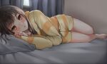  1girl bangs barefoot bed_sheet bedroom blush brown_eyes brown_hair curtains eyebrows_visible_through_hair highres iino_miko kaguya-sama_wa_kokurasetai_~tensai-tachi_no_renai_zunousen~ long_hair long_sleeves lying on_bed on_side open_mouth pajamas ponzu_(udon) shiny shiny_hair short_shorts shorts solo striped striped_shorts striped_sweater sweater yellow_shorts yellow_sweater 