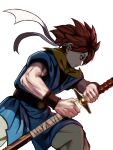  1boy angry belt blue_eyes chrono_trigger closed_mouth crono_(chrono_trigger) from_side headband highres holding holding_sword holding_weapon katana male_focus muscular muscular_male orange_hair pants peiroke scarf sheath short_hair short_sleeves solo spiky_hair sword tunic unsheathing weapon white_background wristband 