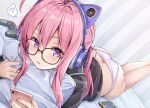  1girl ? ahoge ass blush butt_crack cat_ear_headphones cellphone commentary_request controller game_controller glasses headphones indoors kotatsu_(kotatsu358) long_hair looking_at_viewer lying neet_de_otaku_na_kunoichi_to_naze_ka_dousei_hajimemashita no_pants on_bed on_stomach panties parted_lips phone pillow pink_hair reward_available shizuri_(neet_de_otaku_na_kunoichi_to_naze_ka_dousei_hajimemashita) smartphone solo spoken_question_mark underwear violet_eyes 