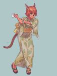  1girl animal_ears bangs blue_eyes cat_ears cat_girl cat_tail closed_mouth dark-skinned_female dark_skin facial_mark final_fantasy final_fantasy_xi full_body geta japanese_clothes kimono mithra_(ff11) orange_hair short_hair simple_background smile solo tail tongue tongue_out wide_sleeves yuccoshi 