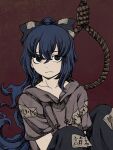  1girl awk_chan bangs blue_bow blue_eyes blue_hair blue_pants bow breasts closed_mouth collarbone crossed_bangs debt expressionless eyebrows_behind_hair feet_out_of_frame grey_hoodie hair_between_eyes hair_bow highres hood hoodie knees_up long_hair looking_up noose pants red_background short_sleeves simple_background small_breasts solo touhou upper_body very_long_hair yorigami_shion 