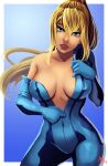  absurdres bare_shoulders blonde_hair blue_bodysuit blue_eyes bodysuit breasts highres looking_at_viewer metroid navel nintendo nipples samus_aran sideboob signature simple_background undressing zero_suit 