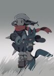  1girl aozukikawasemi carrying closed_mouth commentary_request eyelashes female_protagonist_(pokemon_legends:_arceus) floating_hair floating_scarf gen_4_pokemon grey_eyes grey_hair grey_legwear hands_on_lap highres looking_to_the_side loose_socks lucario pokemon pokemon_(creature) pokemon_(game) pokemon_legends:_arceus red_scarf scarf smile yellow_fur 