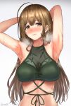  1girl ahoge armpits arms_behind_head arms_up asarime bangs bare_shoulders blush breasts brown_eyes brown_hair collarbone highres idolmaster idolmaster_shiny_colors kuwayama_chiyuki large_breasts long_hair looking_at_viewer navel 