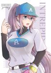  1girl absurdres azur_lane bangs baseball baseball_cap baseball_mitt baseball_uniform belt black_shirt breasts character_name commentary covered_collarbone cowboy_shot eyebrows_visible_through_hair grey_eyes grey_hair hair_between_eyes hair_through_headwear hat highres intrepid_(azur_lane) intrepid_(one_intrepid_pitch)_(azur_lane) large_breasts long_hair long_sleeves open_mouth ponytail shirt shirt_tucked_in short_sleeves shorts sidelocks signature solo sportswear standing undershirt upper_teeth very_long_hair white_background white_belt white_shirt white_shorts zearmy 