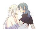  2girls bangs bare_shoulders black_shirt blue_eyes blue_hair blush breasts byleth_(fire_emblem) byleth_eisner_(female) closed_eyes commentary_request couple edelgard_von_hresvelg eye_contact fire_emblem fire_emblem:_three_houses from_side hair_between_eyes imminent_kiss long_hair looking_at_another multiple_girls parted_lips riromomo shirt short_sleeves side_ponytail sidelocks simple_background sitting upper_body violet_eyes white_background white_hair yuri 
