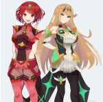  2girls bangs bare_shoulders black_gloves black_legwear blonde_hair breasts chest_jewel dress earrings elbow_gloves fingerless_gloves gem gloves headpiece highres jamesfe jewelry large_breasts long_hair looking_at_viewer multiple_girls mythra_(xenoblade) pantyhose pyra_(xenoblade) red_eyes red_legwear red_shorts redhead short_dress short_hair short_shorts shorts super_smash_bros. swept_bangs thigh-highs thigh_strap tiara very_long_hair white_dress white_gloves xenoblade_chronicles_(series) xenoblade_chronicles_2 yellow_eyes 
