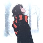  1girl black_coat black_eyes black_hair black_scarf bob_cut coat forest from_side hair_strand looking_up messy_hair moshimoshibe nature original profile red_scarf scarf short_hair snow snowing solo standing striped tree white_background 