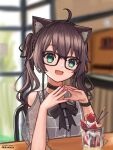  1girl :3 absurdres animal_ears artist_name bangs black_bow black_choker blurry blurry_background blush bow brown_hair cat_ears choker cowlick eyebrows_visible_through_hair glasses green_eyes hands_together head_tilt highres hololive kemonomimi_mode looking_at_viewer muramasa_dash natsuiro_matsuri open_mouth parfait pink_nails sitting smile solo twintails virtual_youtuber 