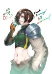  1girl absurdres armor bracer brown_eyes brown_gloves brown_hair brown_shorts clenched_hand commentary copyright_name cropped_sweater final_fantasy final_fantasy_vii final_fantasy_vii_remake gloves headband highres holding kanehira_(nowisima) looking_at_viewer materia midriff moogle navel open_fly ribbed_sweater short_hair shorts sleeveless sleeveless_turtleneck smile solo standing striped sweater turtleneck turtleneck_sweater upper_body v white_background yuffie_kisaragi 