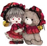  1girl :d akaimo_(akaimokou) bell chibi hat laetitia_(lobotomy_corporation) lobotomy_corporation long_sleeves lowres open_mouth oversized_object pleated_skirt red_eyes short_twintails skirt smile solo stuffed_animal stuffed_toy teddy_bear twintails white_background 