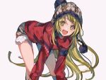 +_+ 1girl :d akaneya-ya bang_dream! bangs bare_legs bent_over blonde_hair blush commentary eyebrows_visible_through_hair feet_out_of_frame fur-trimmed_shorts fur_trim knit_hat long_hair long_sleeves looking_at_viewer open_mouth pom_pom_(clothes) red_sweater shorts sidelocks sketch smile solo sweater swept_bangs tsurumaki_kokoro very_long_hair white_background winter_clothes 
