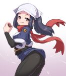 1girl :p ass beanie black_hair black_legwear black_sleeves cleanerjay closed_mouth cowboy_shot hikari_(pokemon) floating_scarf gradient gradient_background grey_eyes hat highres holding holding_poke_ball long_hair looking_at_viewer looking_to_the_side poke_ball pokemon pokemon_(game) pokemon_legends:_arceus red_scarf scarf sidelocks smile solo tongue tongue_out white_headwear 