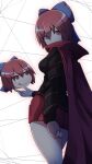  1girl :q bangs black_shirt blue_bow bow breasts cape commentary_request cowboy_shot disembodied_head hair_bow high_collar long_sleeves looking_at_viewer looking_back medium_breasts miniskirt otoufu_(wddkq314band) red_cape red_eyes red_skirt redhead sekibanki shirt short_hair skirt smile solo tongue tongue_out touhou white_background 