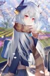  1girl bangs blue_jacket blue_skirt blush breasts contemporary dmith fate/grand_order fate_(series) hair_ornament horns jacket kiyohime_(fate) large_breasts long_hair long_sleeves looking_at_viewer looking_back multiple_horns petals red_eyes scarf school_uniform silver_hair skirt smile tree 