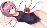  1girl ass_visible_through_thighs closed_mouth commentary_request contrapposto covered_navel cowboy_shot dutch_angle highres komeiji_satori looking_at_viewer pink_eyes pink_hair school_swimsuit simple_background solo str11x swimsuit touhou white_background 