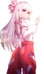  1girl arm_garter baggy_pants bangs blunt_bangs blurry blurry_foreground bow collared_shirt cowboy_shot eyebrows_visible_through_hair from_behind from_below fujiwara_no_mokou hair_between_eyes hair_bow hair_ornament hand_up highres leria_v light_smile long_hair long_sleeves looking_back ofuda ofuda_on_clothes pants red_eyes red_pants shirt sidelocks simple_background solo standing suspenders touhou white_background white_bow white_hair white_shirt 
